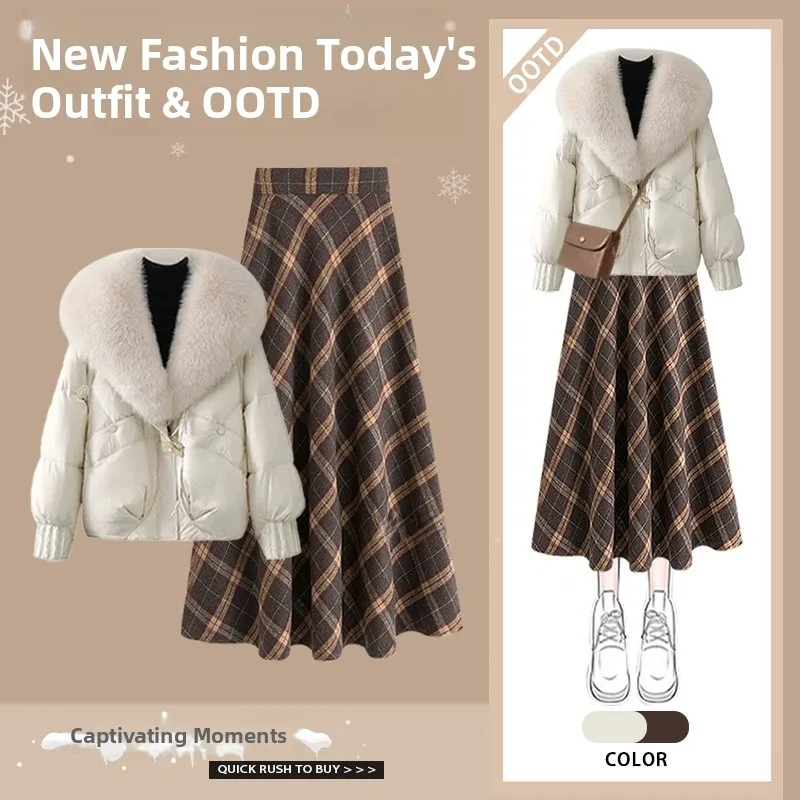 겨울 여성용 프리미엄 경량 코튼 재킷과 하이웨이스트 스커트 투피스 세트 패셔너블 슬림핏