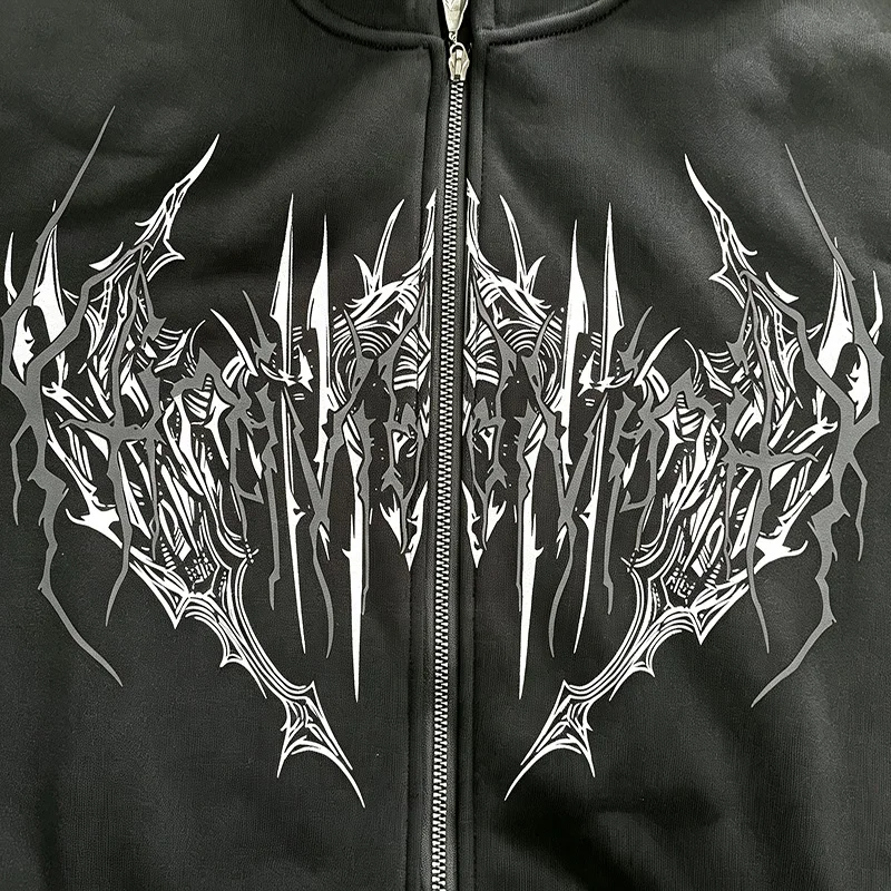 Herren Alt Gothic Zip-Up Hoodie Y2k High Street American Style Dunkler Dornen-Print Fleece-gefütterter Loser Biker Herbst-Winter-Sweatshirt – Detail 8