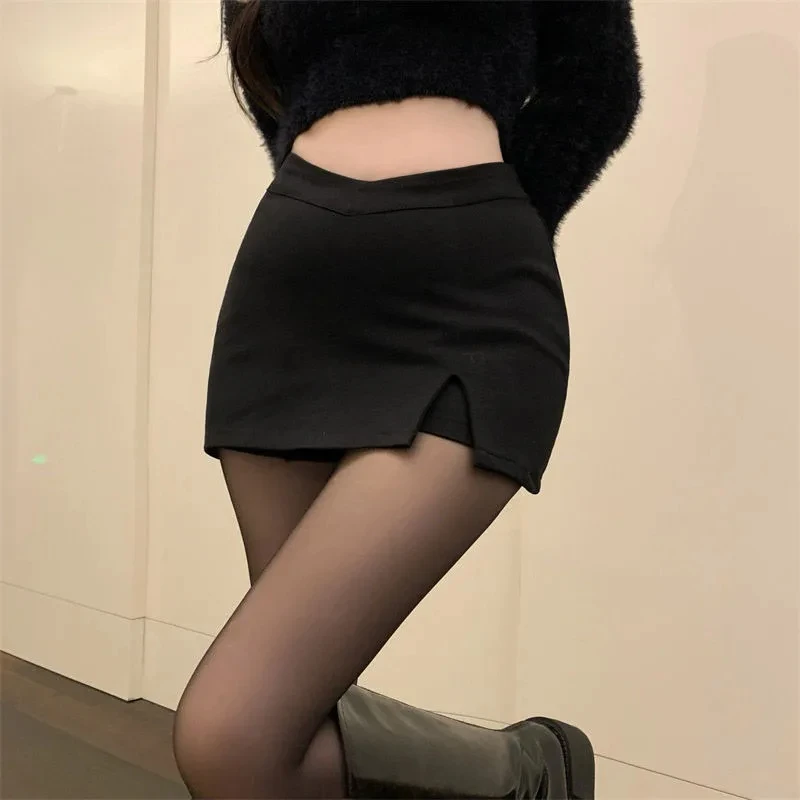 HOUZHOU Sexy Split Black Skirt Shorts Women Korean Fashion Irregular High Waist Slim A-line Mini Skirt Casual Summer Night Club