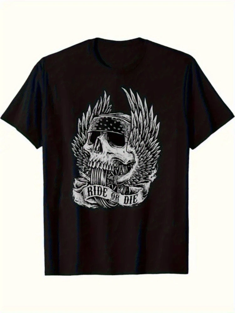 

Skull Rider Bold with RIDE OR DIE , Wings & Bandana Design pattern -100% cotton short-sleeved O-neck men's printed T-shirt.