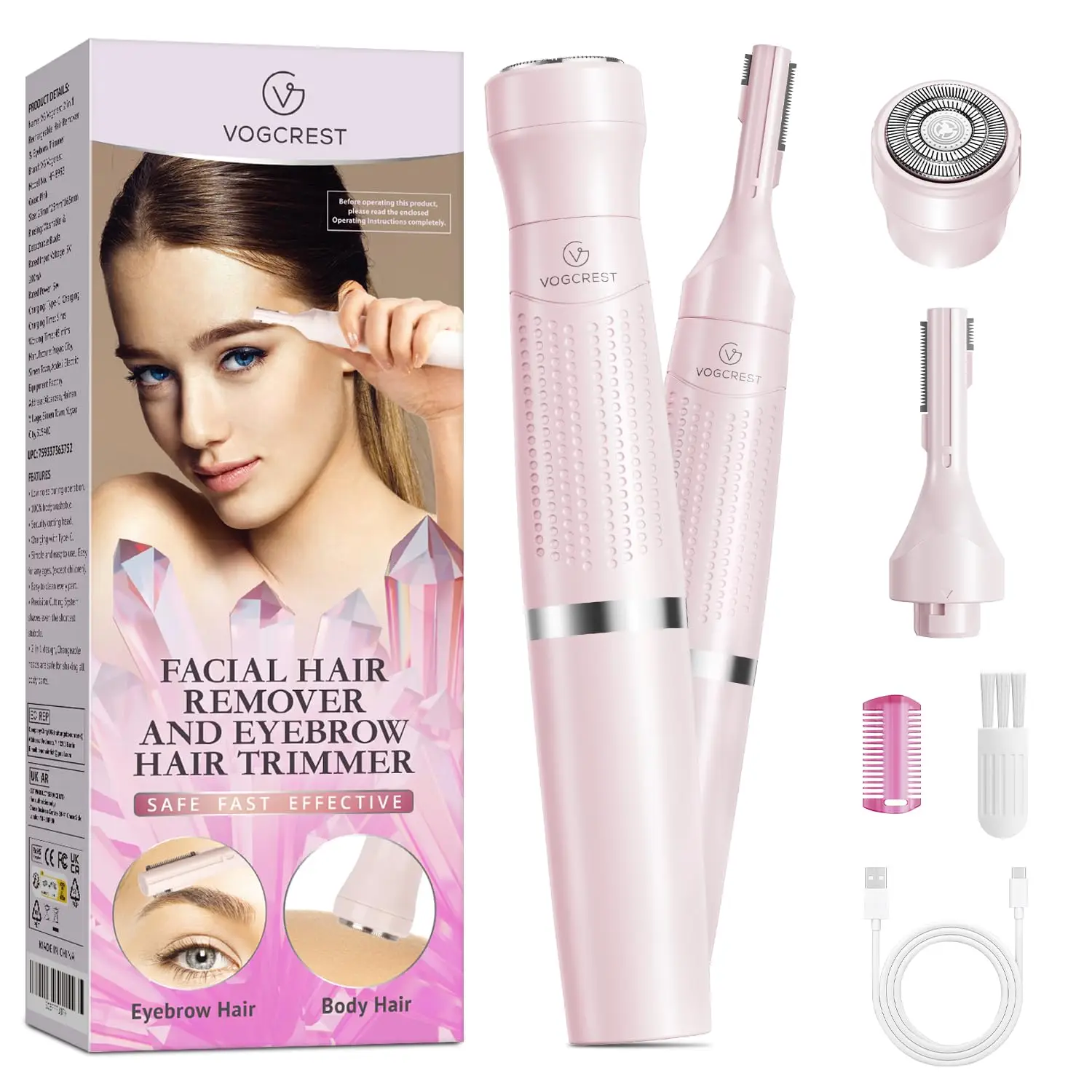 

Women's Eyebrow Trimmer & Facial Hair Remover 2 in 1, Double Rotating Blades for Painless Hair Removal, Rechargeable USB
