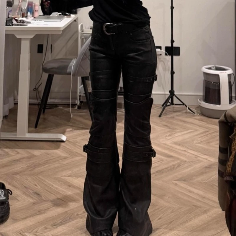 American Retro Design Black Women's Bell-bottoms 2025 Winter New Sweet Cool Hot Girl Slimming Punk Slimming Leather Pants Ladies