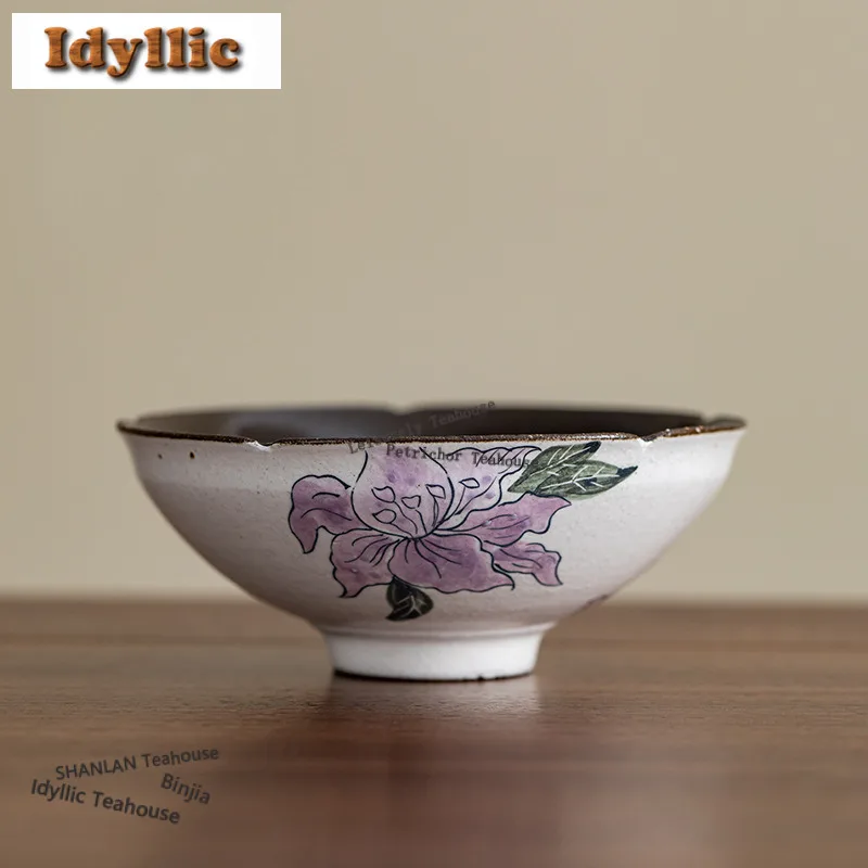 2pc/lot Hand-painted Iris Flower Teacup Handmade Tea Bowl Beautiful Tea Cup Tea-tasting Meditation Cup Jianzhan Master Cups 80ml