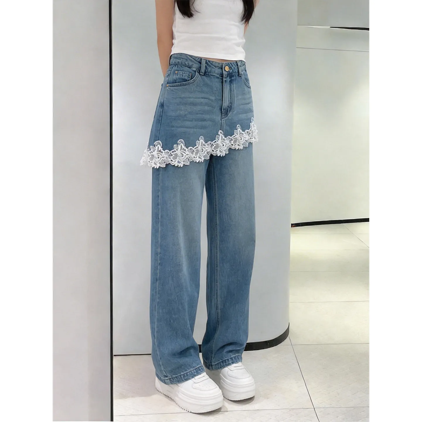 Harajuku Chic Light Blue High Waist Wide Leg Jeans With White Lace Trim Sweet Cool Straight Denim Pants Women Streetwear Trendy