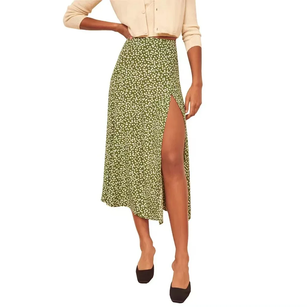 Damen-Rock mit hoher Taille, Leopardenmuster, Blumenmuster, gepunktet, hoch tailliert, dehnbar, geteilt, langer A-Linien-Rock für die Frühlings- und