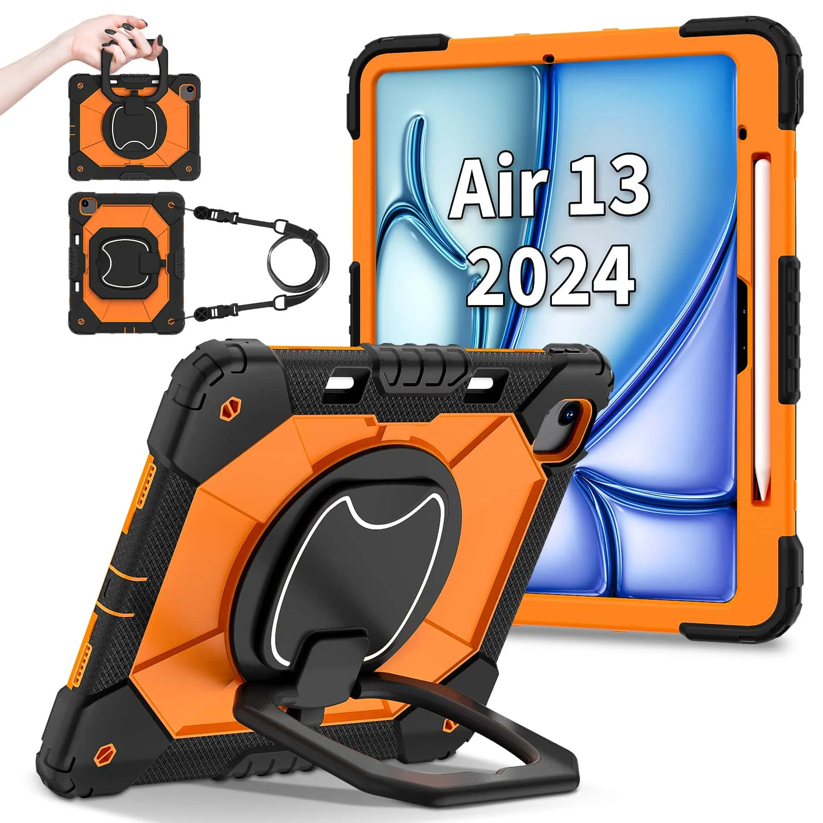 For iPad Pro 13 M5 Air 13 M4 M3 M2 Case with Pencil Holder 360 Rotating Foldable Stand Full Body Heavy Duty Shockproof Cover