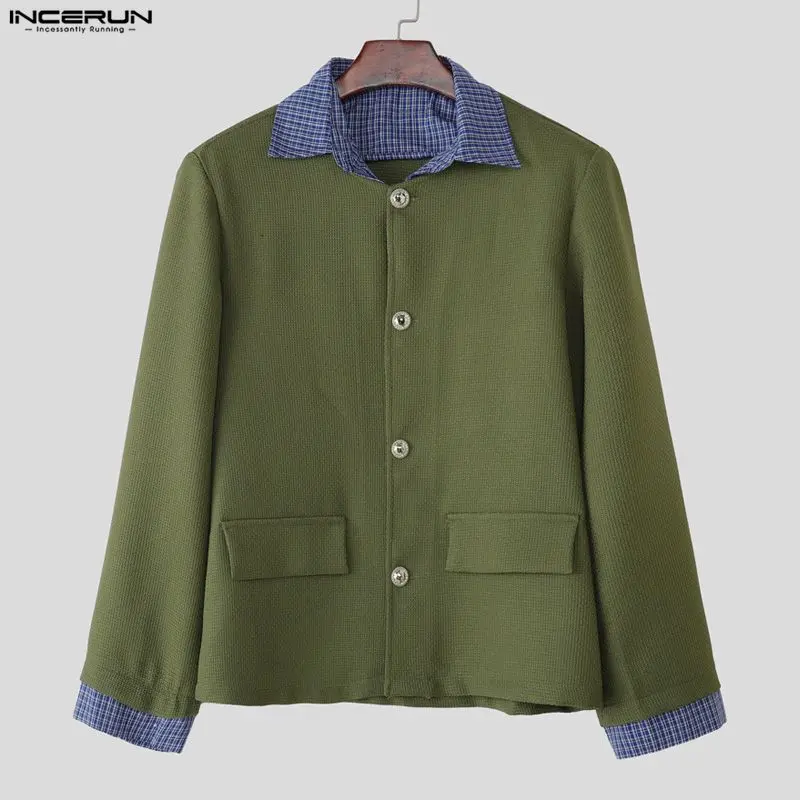 INCERUN 男性ジャケットパッチワークラペル長袖ボタンカジュアルコート男性ストリート 2025 韓国スタイルファッション男性ジャケット S-5XL