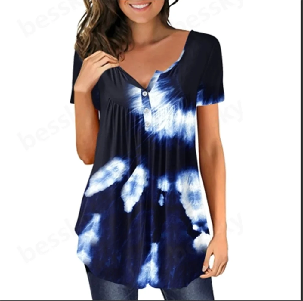 

Ladies Leisure Short Sleeve T-Shirt Printed Button Wrinkled Flowers Women's Casual Top Fashion Comfortable Fit Tee