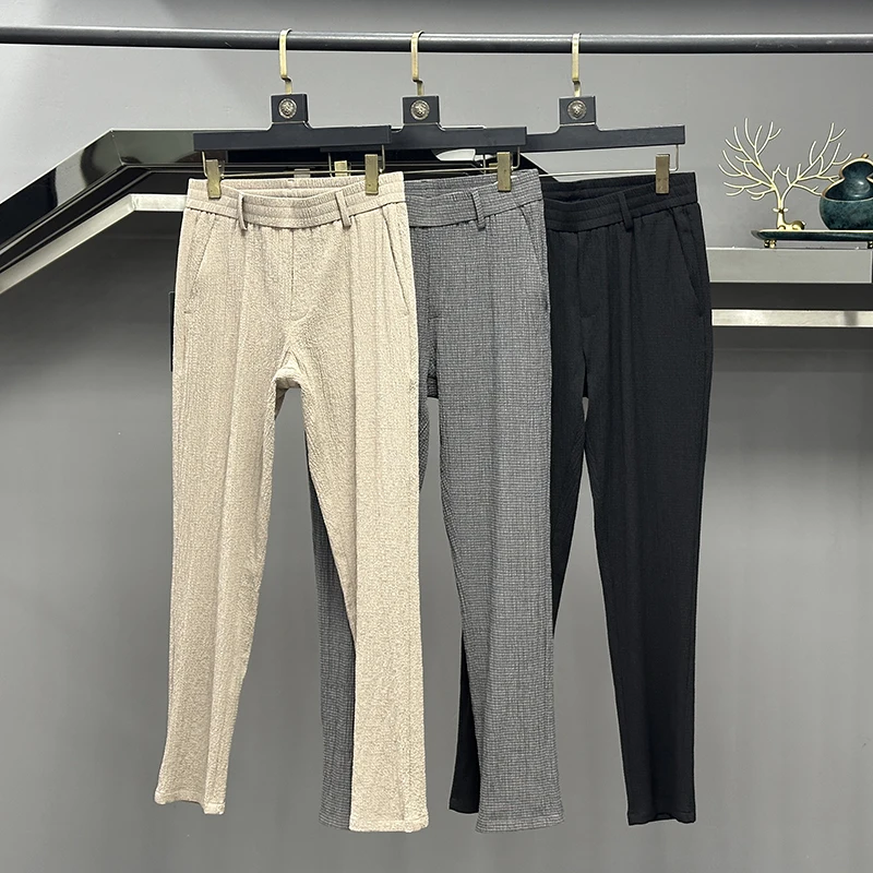 

High-End Pleated Fabric Lightweight Elastic Men's Casual Pants Straight Leg Summer New Style Breathable Cool down Long Trousers