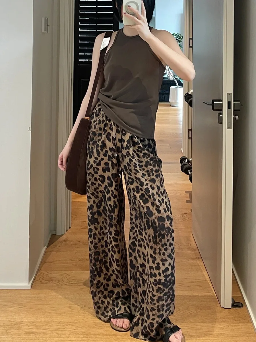 

Ele Parisian Sle Snow Leopard Print Silk Air Pants Fi Tail Skirt orts Casual Straight Leg l Waist Elastic Waist