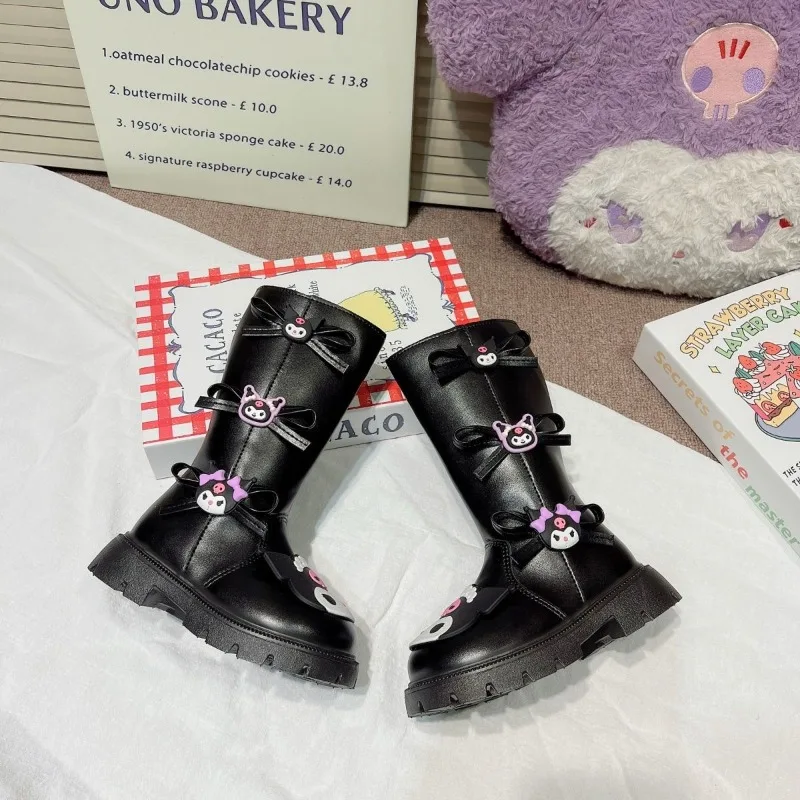 

Sweet Kuromi Kawaii Sanrio Anime Fleece Boots Cute Cartoon Children Leather Autumn Winter Long Boots Shoes Gifts for Girls