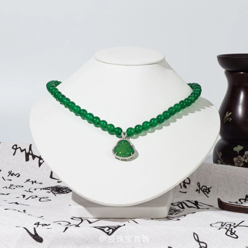

Green agate beaded necklace with Maitreya Buddha chalcedony pendant, accessory mom, new ethnic style