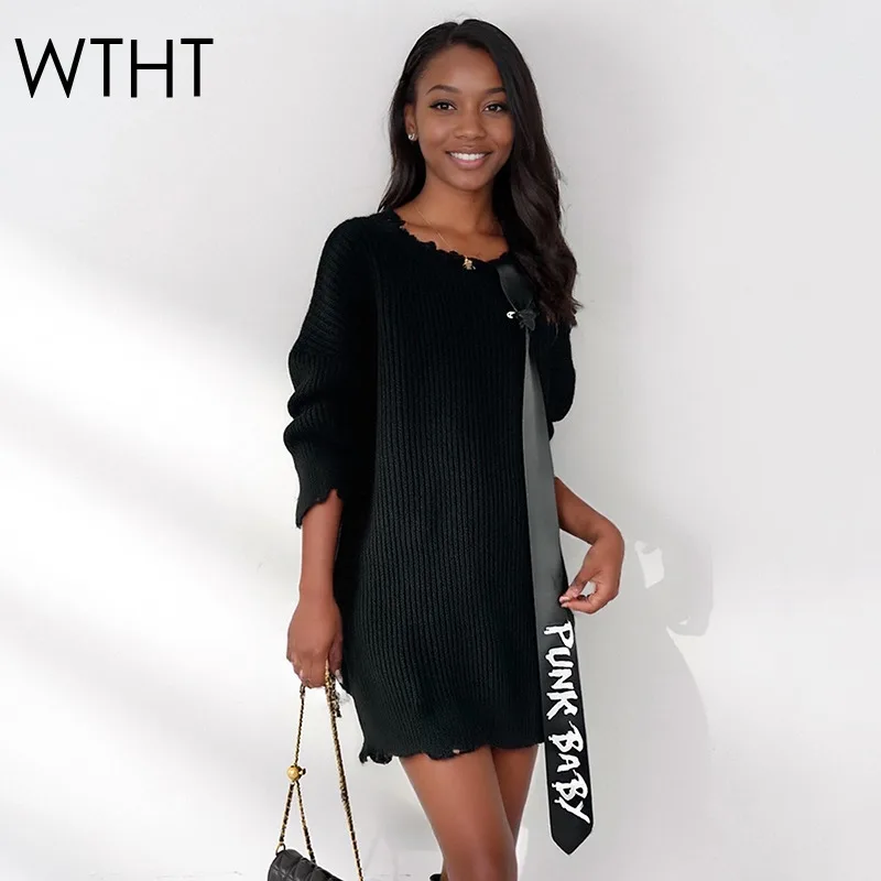 

WTHT Fashion Women's Spliced Pin Tie Casual Burr Edge Sweater 2025 Autumn Trendy O-neck Long Sleeves Pullovers Female 1LS2559