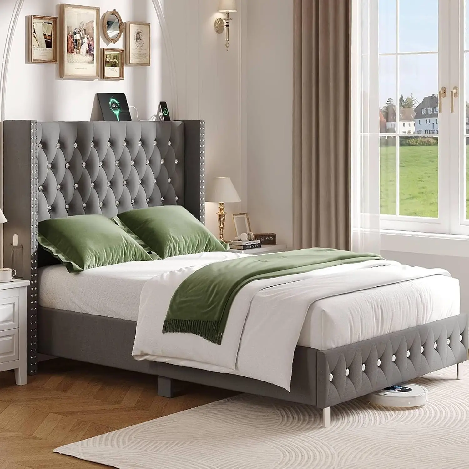 Queen Upholstered LED Bed Frame Wingback Headboard Velvet Tufted USB Ports Storage Pocket Wood Slats Grey, Customized