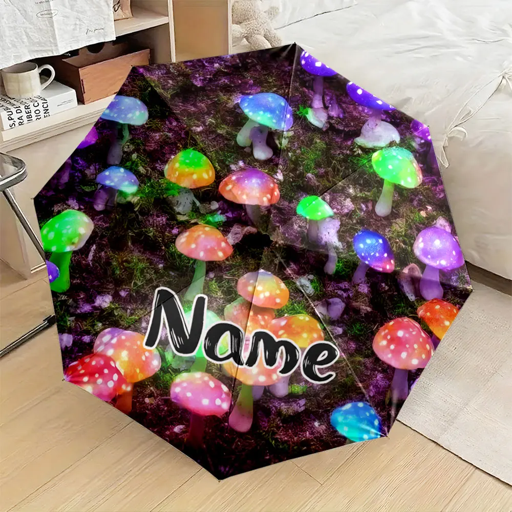 Custom Name Umbrella, Colorful Glowing Mushrooms Fantasy Design Printed Umbrella Folding Umbrella for Sunny and Rainy,Gift
