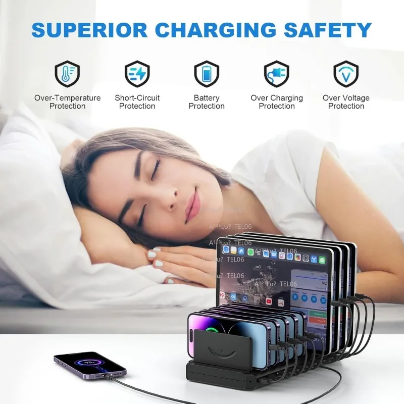 Desktop Organizer Stand Multi-Port USB Charger Type-C Universal Tablet Mobile Phone 10-Port Charging Stand
