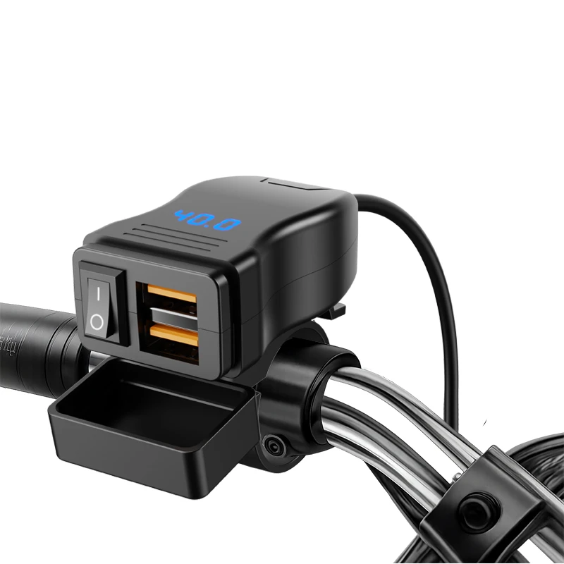 Motorcycle Vehicle-Mounted Charger Waterproof Adapter 12V-40V Phone Charger Dual USB Ports Quick Charge With Switch Voltmeter
