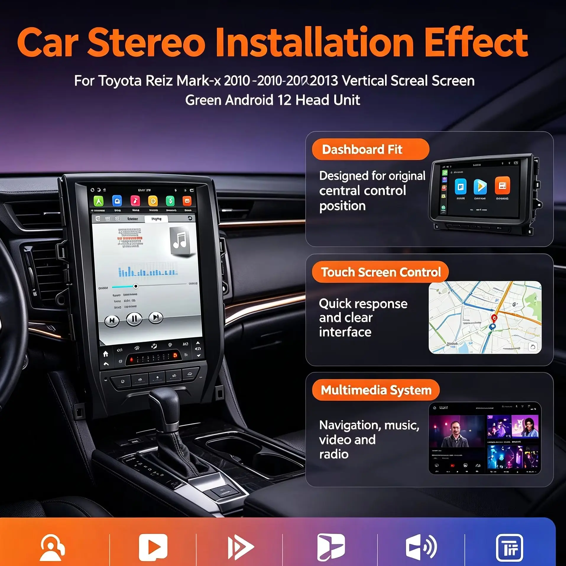 Vertical Screen Carplay For Toyota Reiz Mark-x 2010 2011 2012 2013 Radio Stereo Audio GPS Navigation Android 12 Head Unit Update