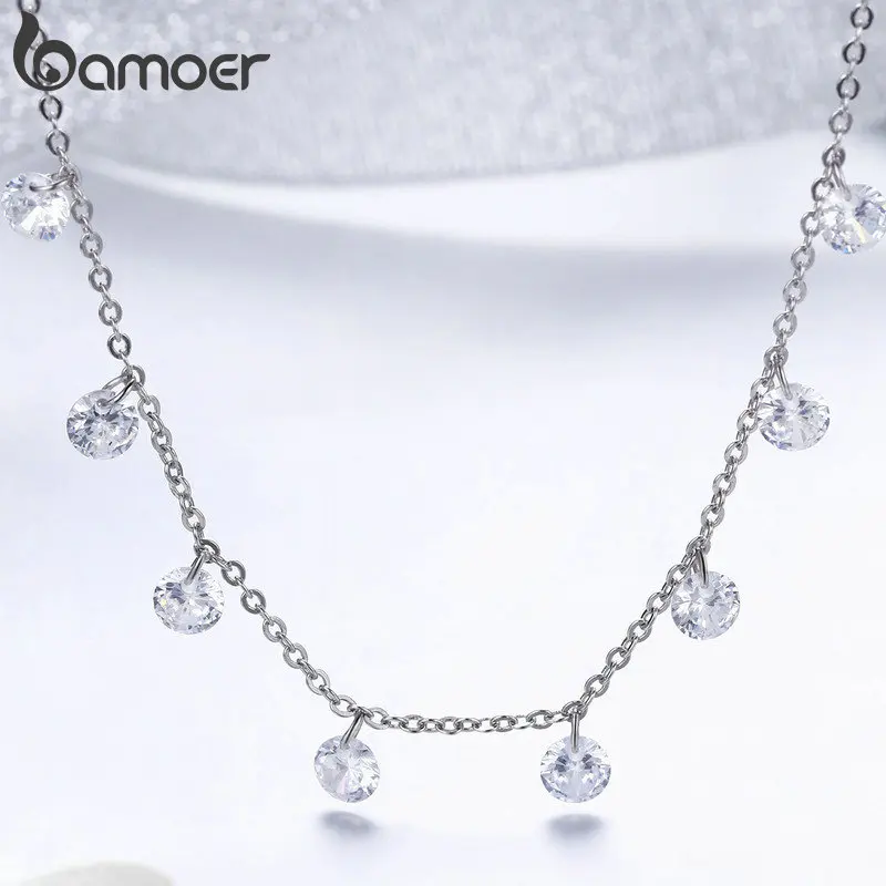 Bamoer 925 Sterling Silver 14K Gold Plated Dainty Chain Choker 5A Cubic Zirconia Pendant Necklace Women Girl Jewelry Gift 16.53”