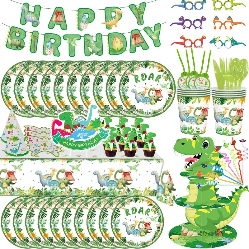 Dinosaur Birthday Party Decoration Supplies Dinosaur Theme Disposable Tableware Cup Plate Balloon Jungle Safari Party Baby Showe