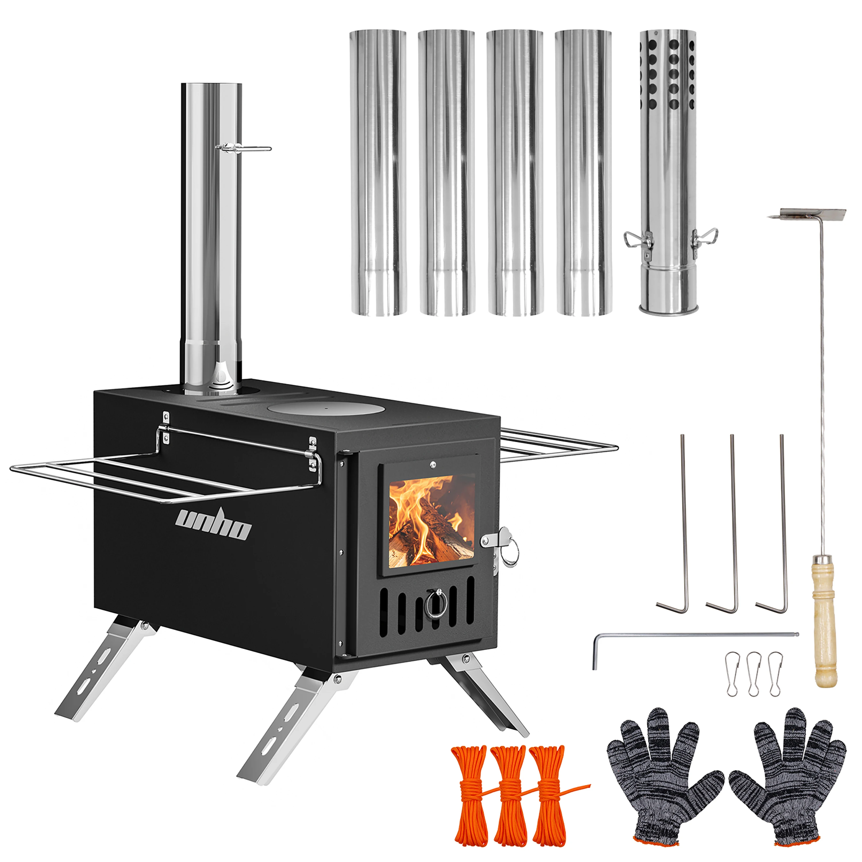 Hot Tent Stove,UNHO Wood Burning Stove,Small Wood Stove with 6 Stainless Chimney Pipes for Outdoor Heating & Cooking, Ice Fishing, Hunting ， Outdoor Camp Firewood Stove Portable Stove for Multifunctional Firewood Burner with Detachable Chimney
