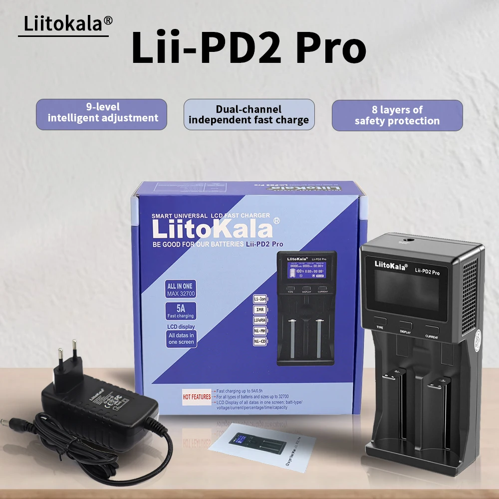 LiitoKala Lii‑PD2‑Pro Smart 2‑Slots LCD Charger Adjustable Current for 18650 21700 26650 CR123A Lithium‑ion AAA Ni‑MH Batteries