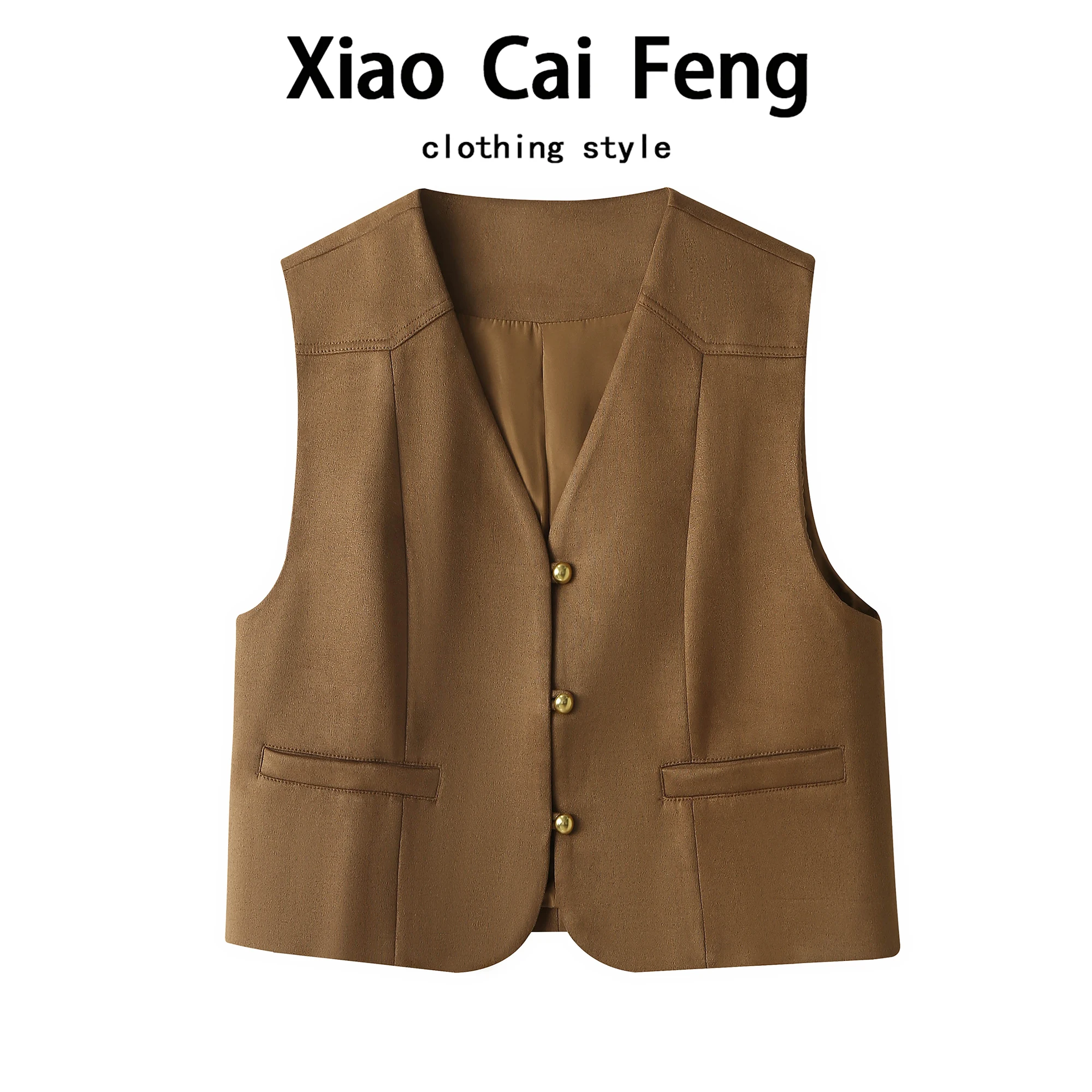 

Коричневый замшевый жилет в стиле ретро, женская осенняя одежда, V-Ne ort, многослойный топ с плечами, один пуговиц, другой материал