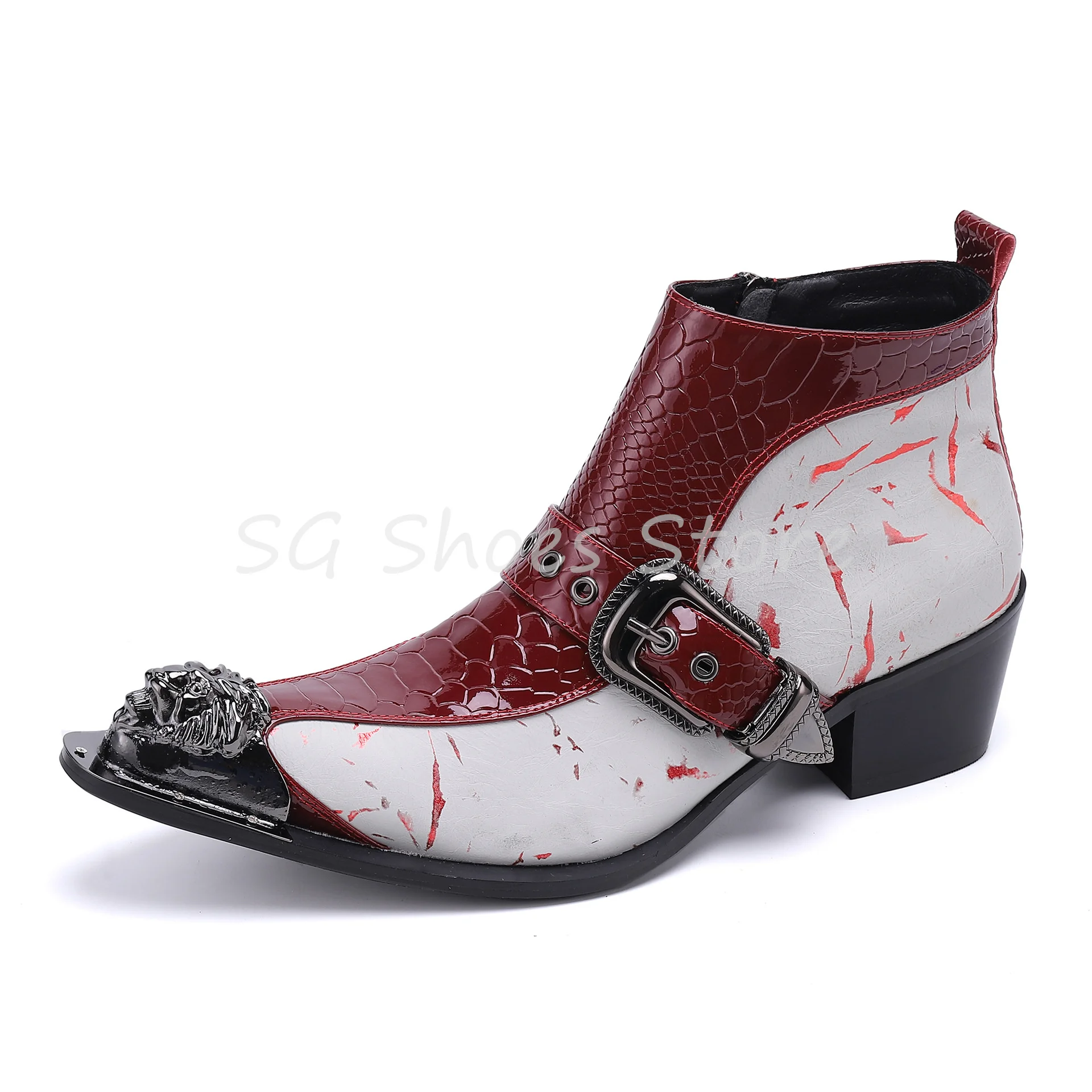 Fashion Mixed Color High Heel Western Cowboy Boots for Men Metal Pointed Toe Belt Buckle Rivet Chelsea Boots Male Leisure Shoes