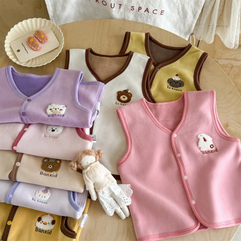 

01-Children's Vest Autumn Winter Girls' Warm Vest Autumn Style Baby Girl Fleece-Lined Outerwear Polar Fleece Autumn Top Trendy