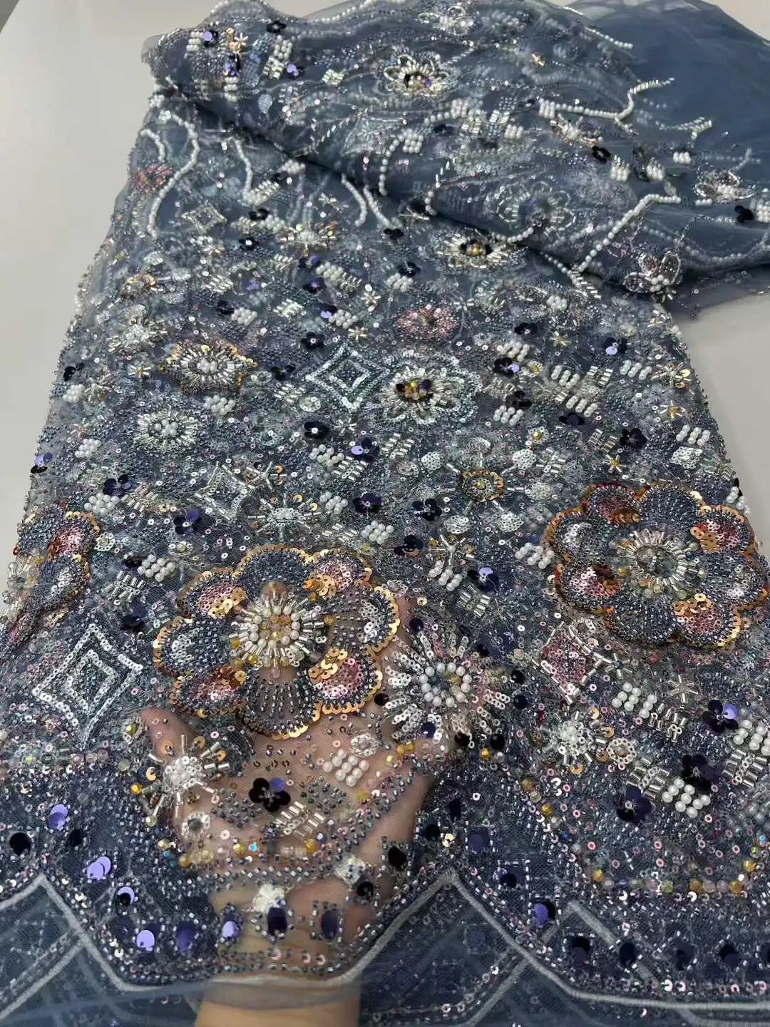 

High Quality African Lace Fabric Sequins Mesh Lace France Luxury Beads 3D Embroidered Tulle Lace Fabric for Sewing