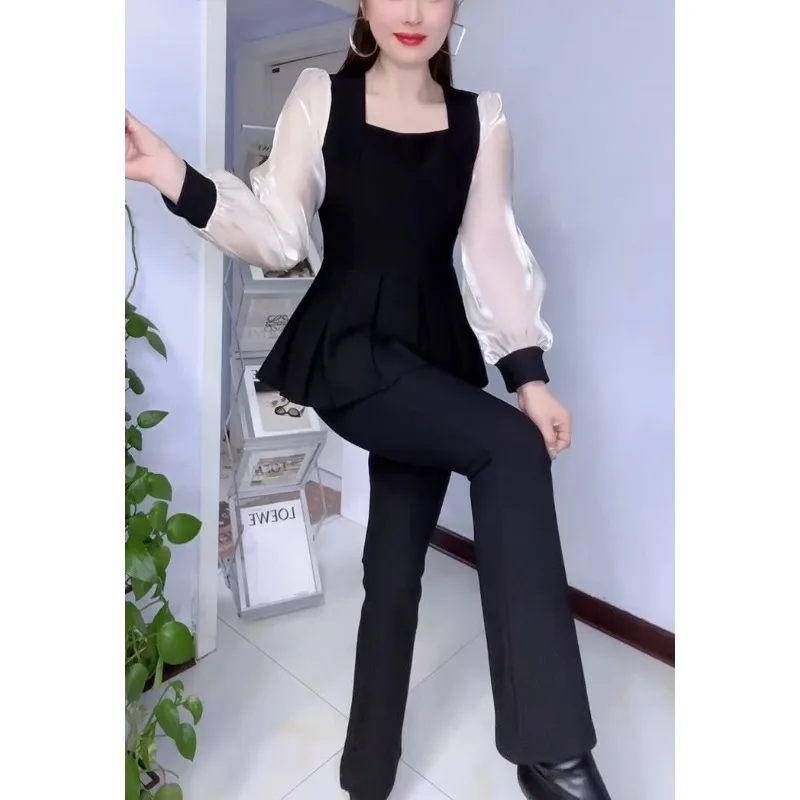 Damska koszulka z długim rękawem 2025 Nowa Moda Uniwersalna Dopasowana Bluzka z Kwadratowym Dekoltem