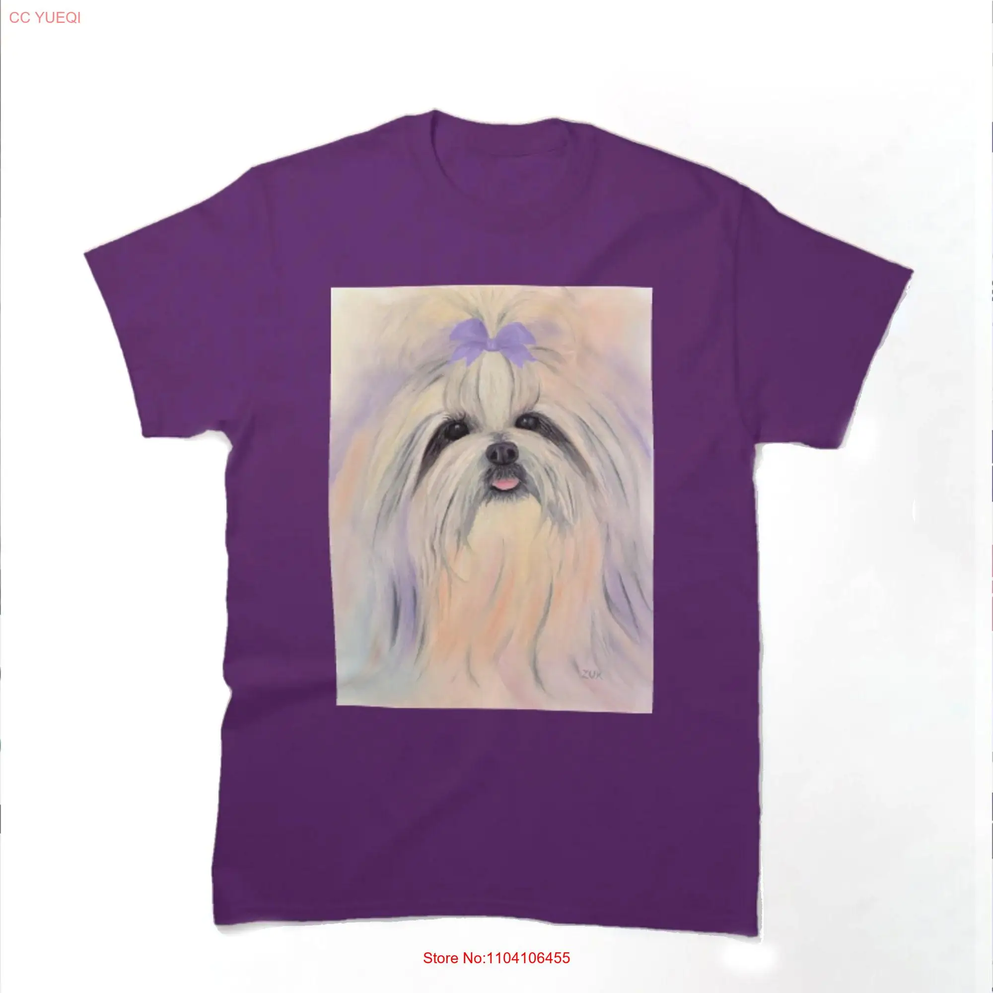 Colorful Shitzu with Lavender Bow T Shirt Abstract Shi Tzu Portrait Fluffy Dog long or short sleeves