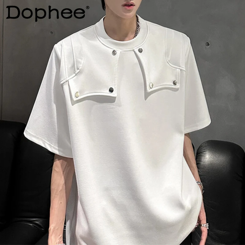 

Male Shoulder Pads Short Sleeves Round Neck Solid Color Tops Men's 2025 Summer New Chic T-shirts Fashion Handsome Very Cool Tees
