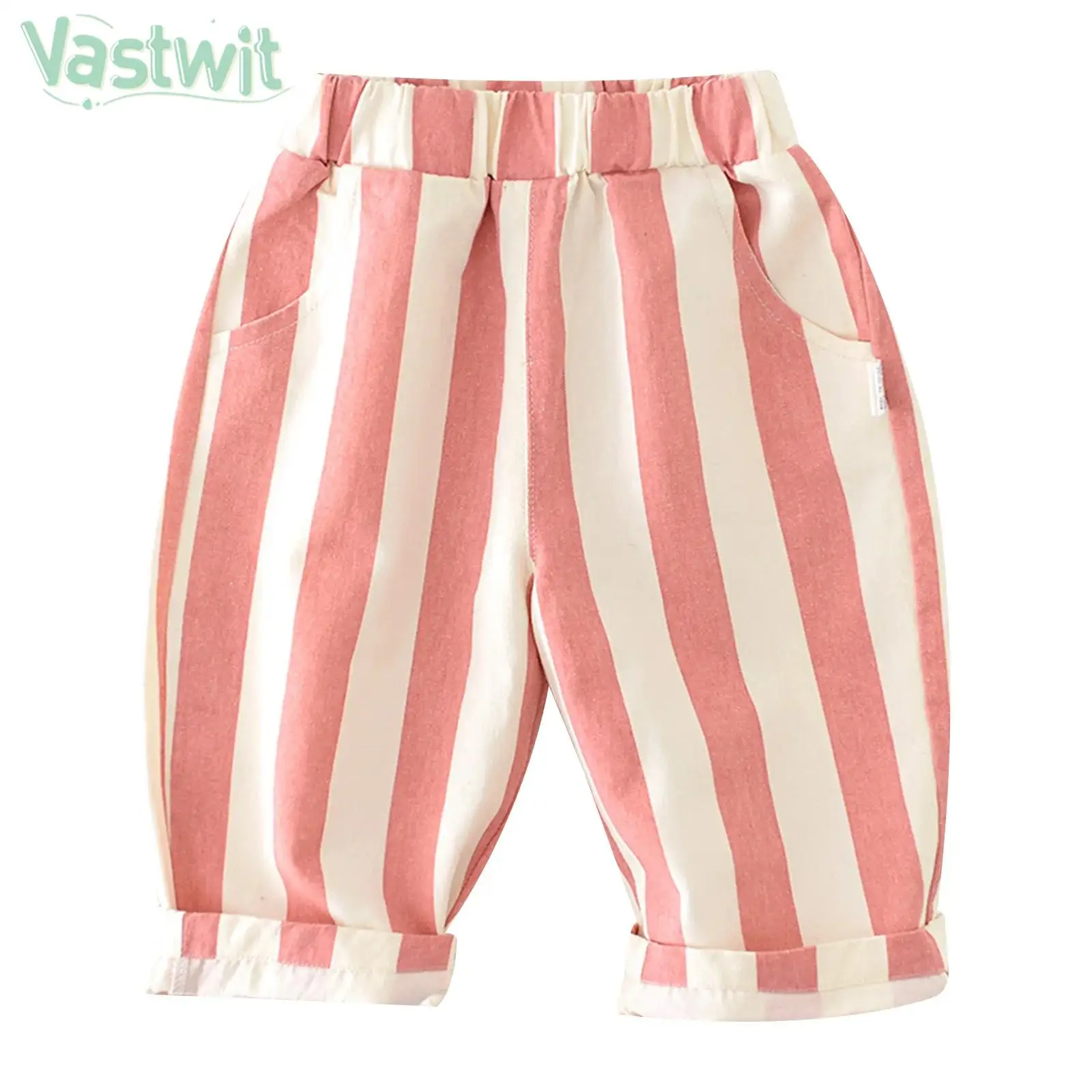 

Children Boys Girls Summer Casual Loose Elastic Waistband Striped Pants with Pockets Daily School Vacation Costume Loungewear