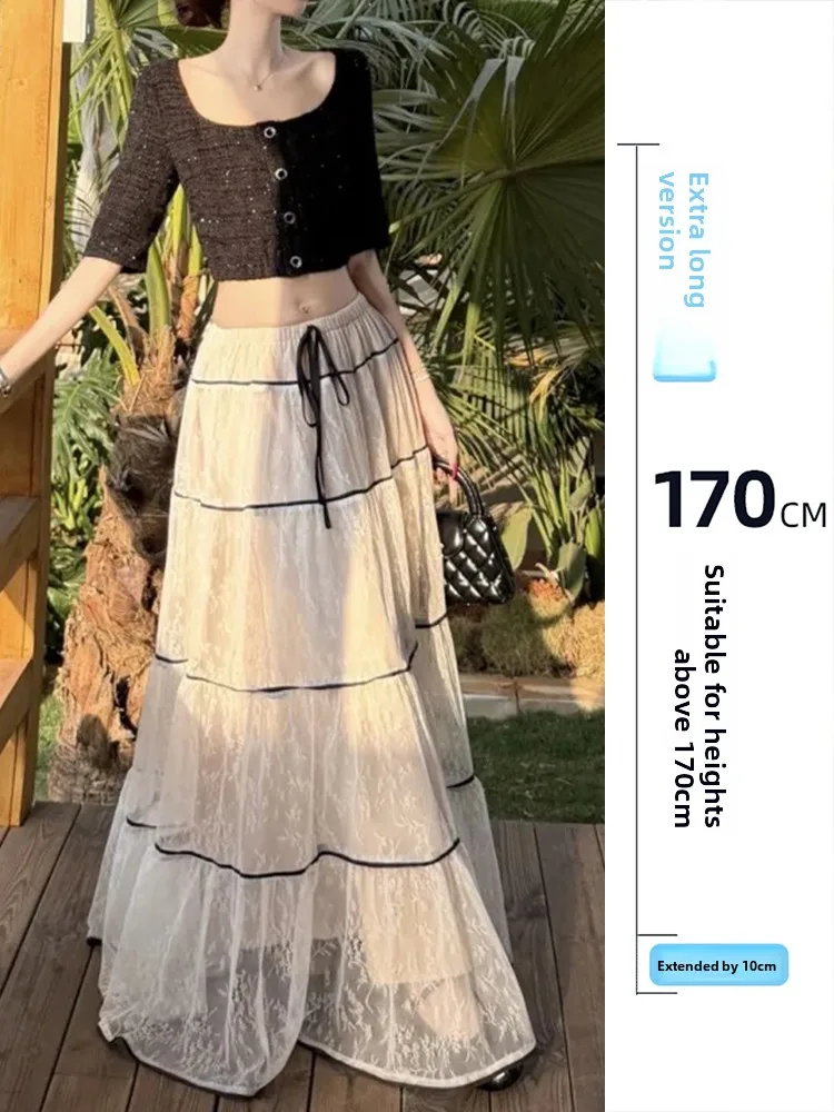 

Long Version Design Lace Bow Tie Women's Spring High Heels Versatile Full Skirt French Sle Soft Comfortable mid Waist A-Lin...