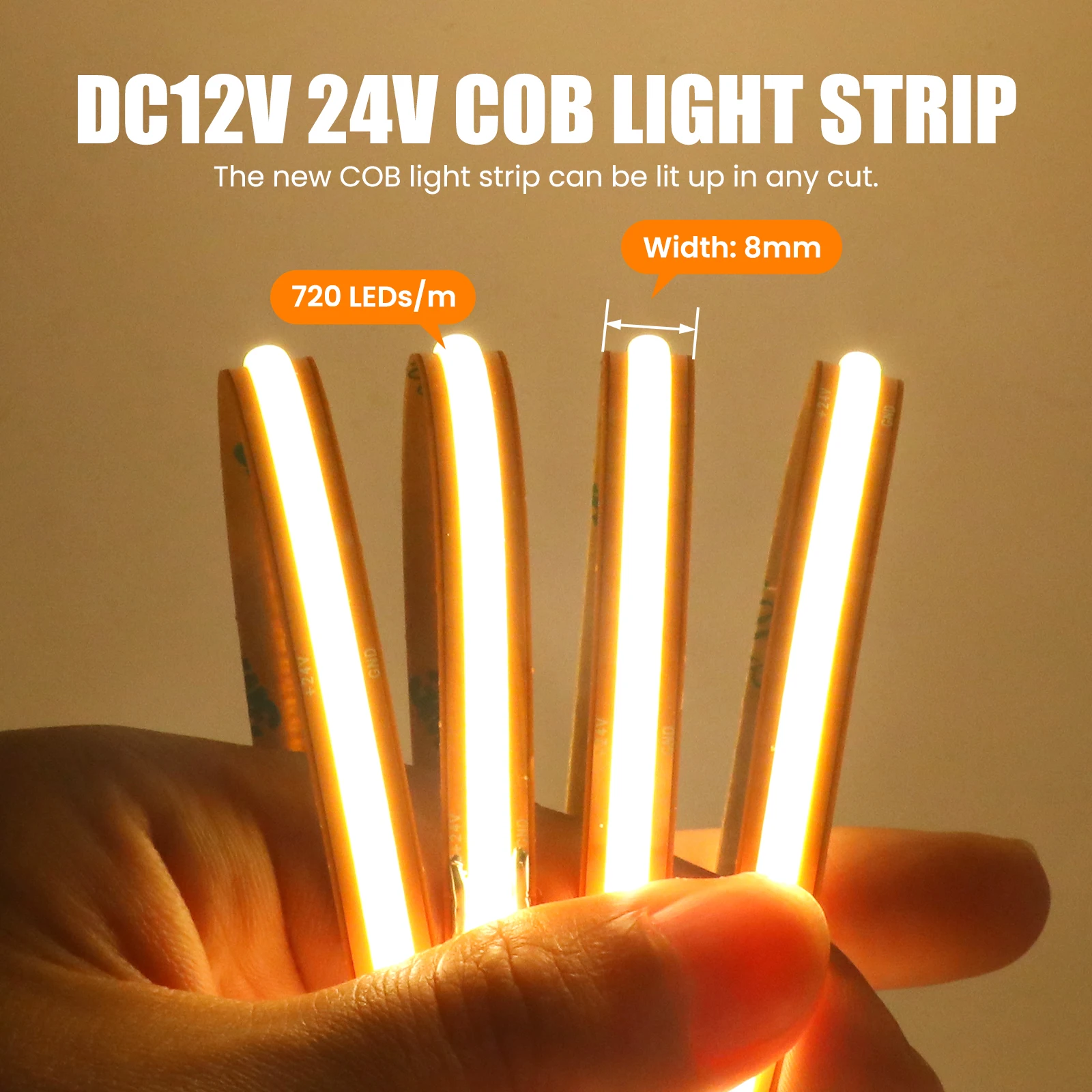 DC24V COB LED Strip High Density 720Leds/M RA90 Flexible Ribbon Rope LED Light 8MM Width Linear Lighting Warm Nature Cool White