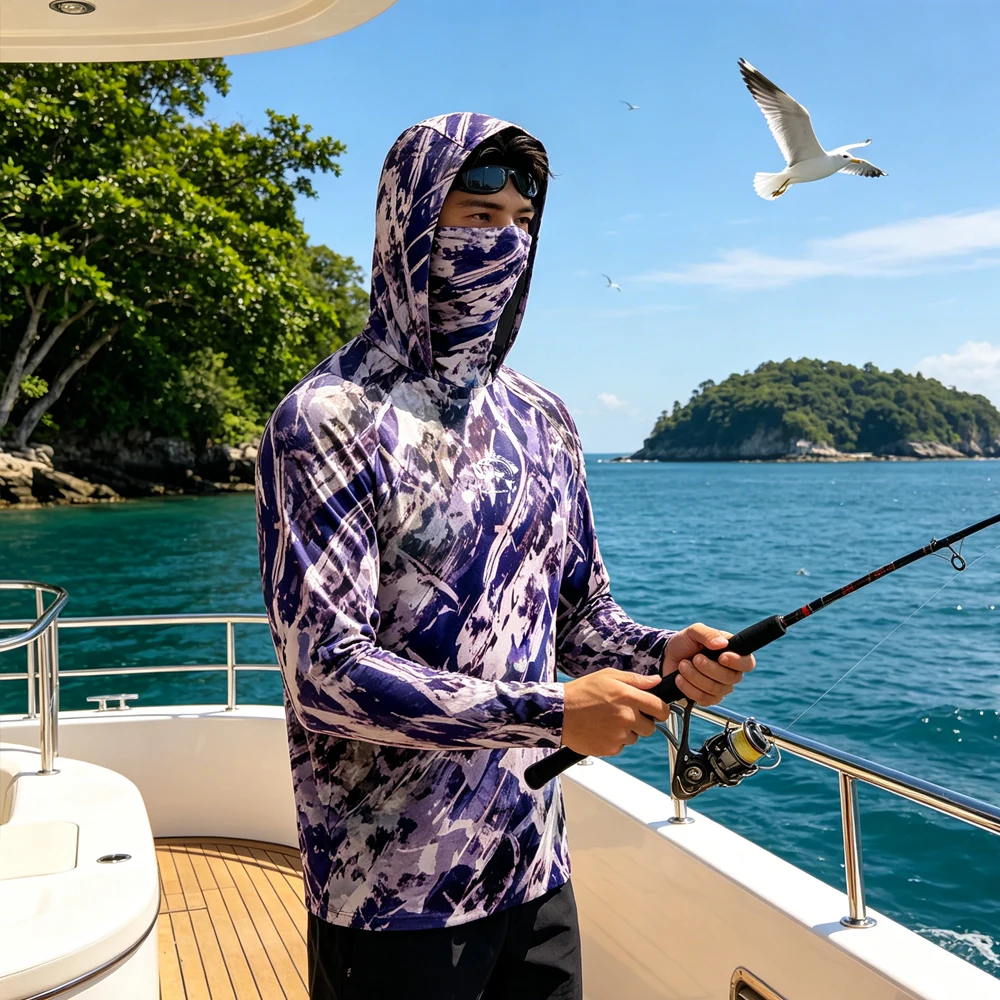 

Men Hooded Fishing Shirt UV Hoodie Long Sleeve Breathable Fishing Wear with Face Mask Anti‑UV Fishing Clothing Shirt for Fishing