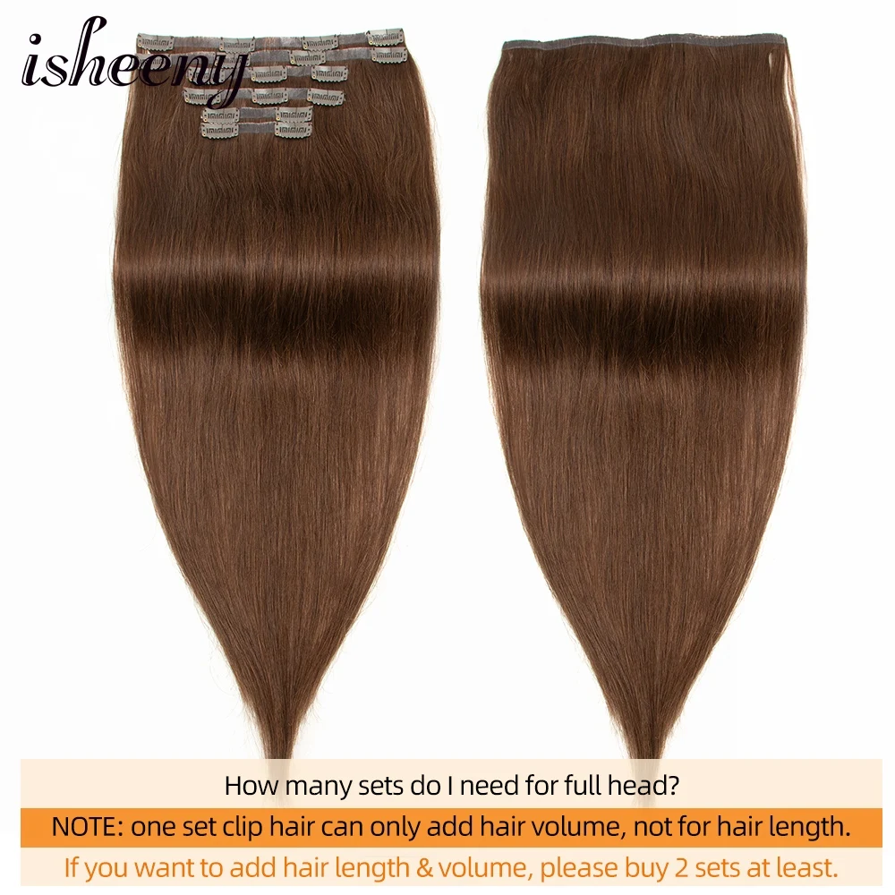 Isheeny PU Clip in Human Hair Extensions 6pcs/set Natural Straight Invisible Brazilian Machine Remy Clip Hair 120g 14\