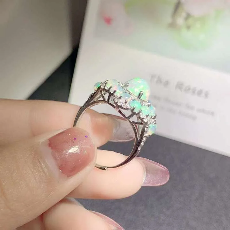 YULUM 8*10mm Australia Opal with 3mm Natural Opal Flower Design and Silver 925 Wedding Rings for Women