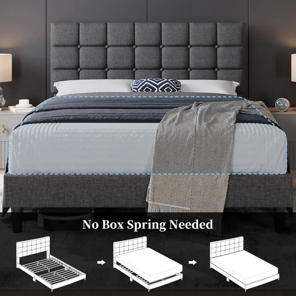 Upholstered Bed Frame, Modern Full Size Bed Platform with Square Stitching and Button Tufted Headboard, Full Size image 5