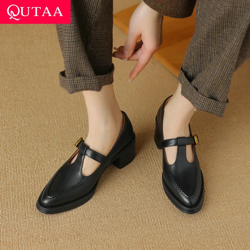 

QUTAA 2024 Women Genuine Leather Pumps Thick Med Heels Pointed Toe Spring Summer Office Lady T-strap Shoes Woman Size 35-41