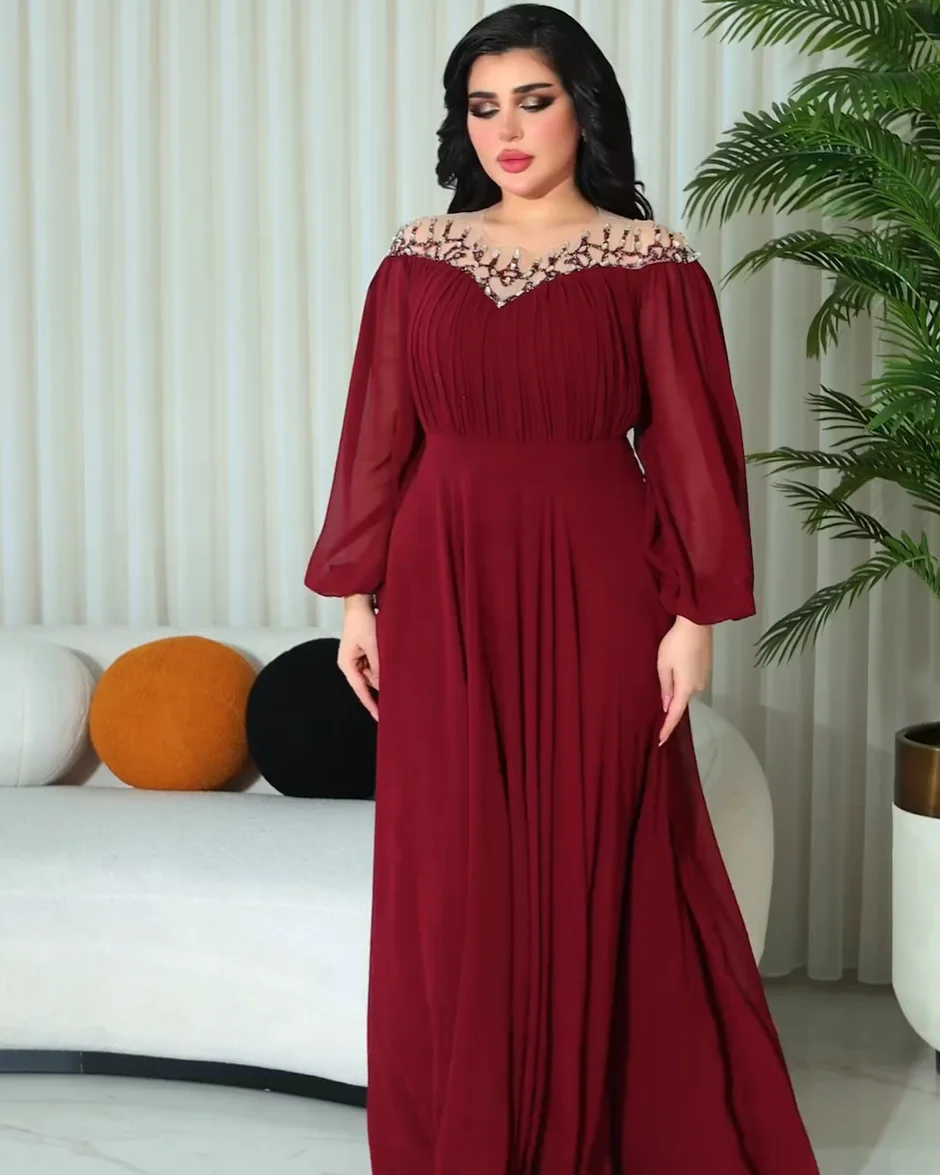 

Customized Burgundy Chiffon A Line Prom Dresses Long for Arabic Women 2025 Long Sleeve Beading Crystal Formal Evening Gowns