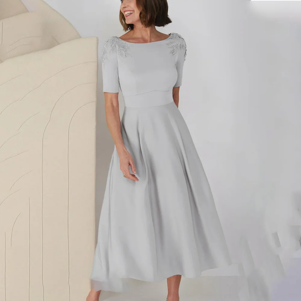 Customized Light Grey Boat Neck Mother Of Bride Dresses Leaf Floral Short Sleeve Waistband A Line Tea Length Wedding Guest Dress