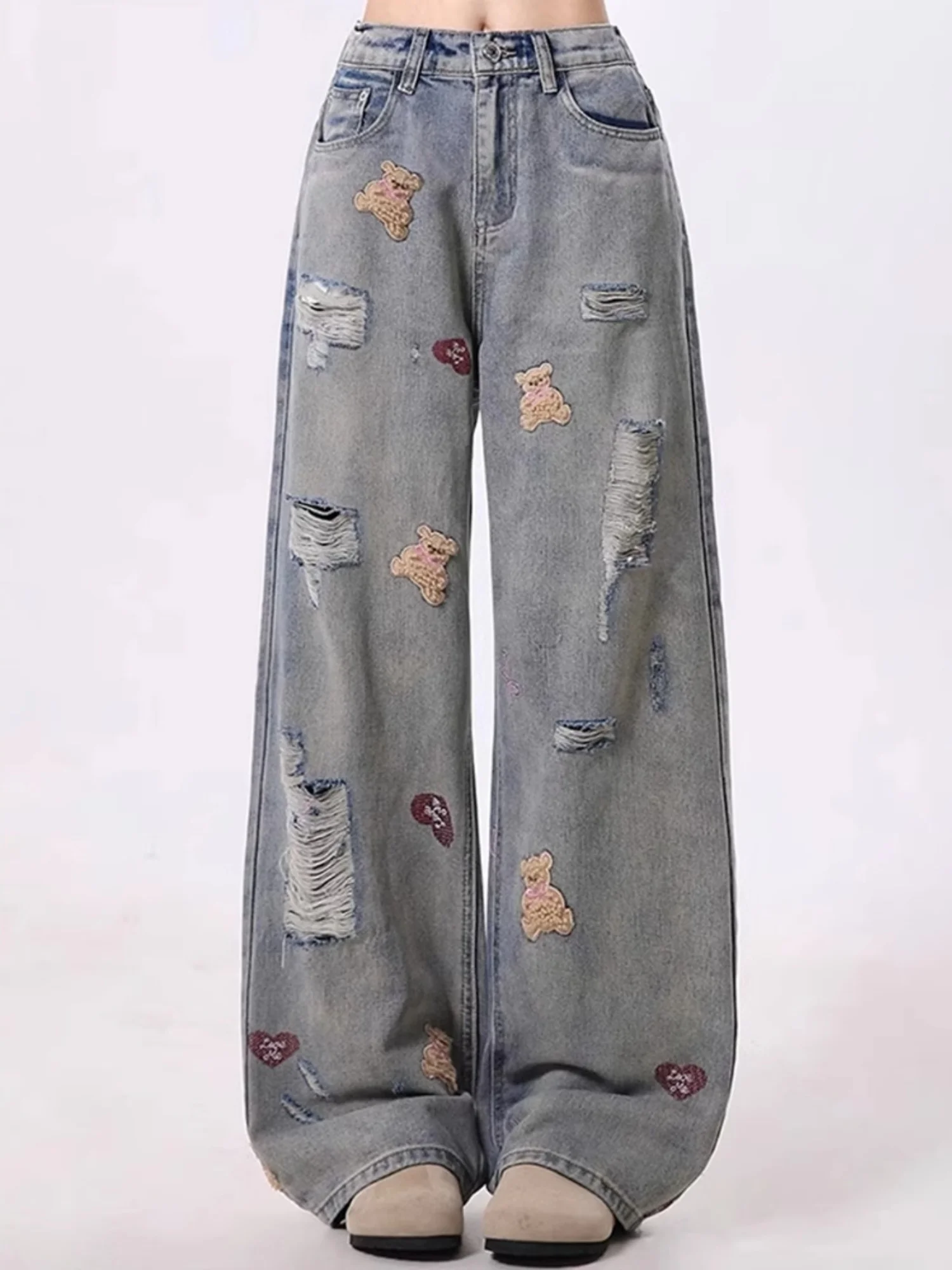 

Women High Waist Wide Leg Jeans Distressed Denim with Bear Patch Baggy Stretch Trousers