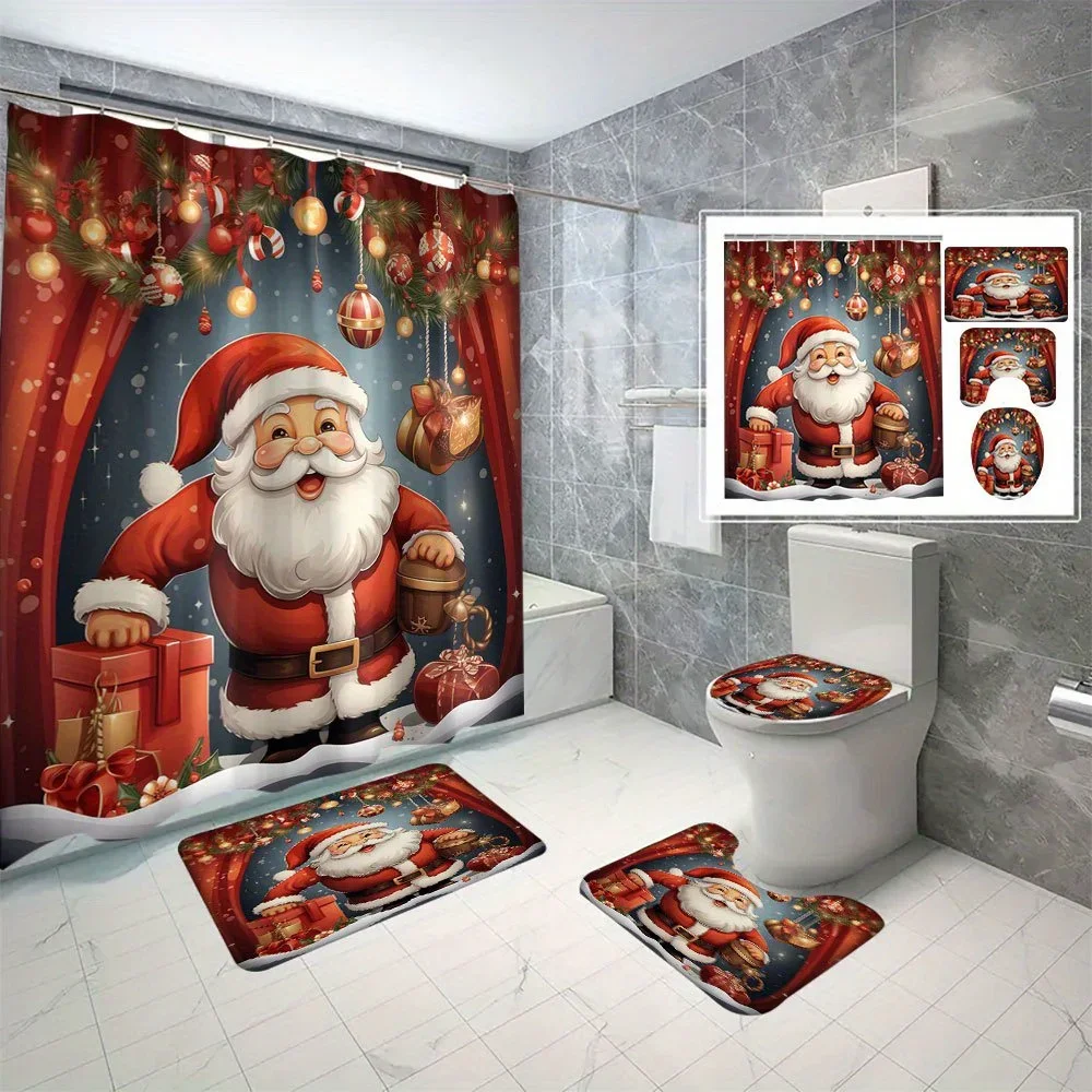 

4-piece Santa digital print polyester waterproof bathroom set with puncture-proof partitions including waterproof woven curtains