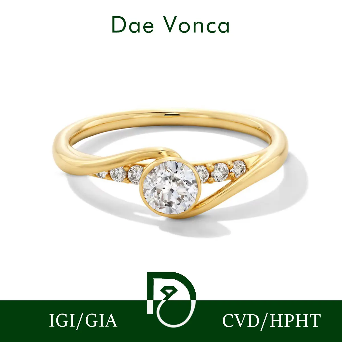 14K Yellow Gold Sidestone Diamond Ring Bezel Set Round Cut Lab Grown Diamond Ring Bypass Shank Diamond Ring For Engagement