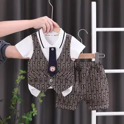Children Boys Cotton Clothes Outfits Gentleman Bowknot Patchwork Vest T-Shirt 2pcs/Set Toddler Kids Clothing Sets Suit 0-5 Years