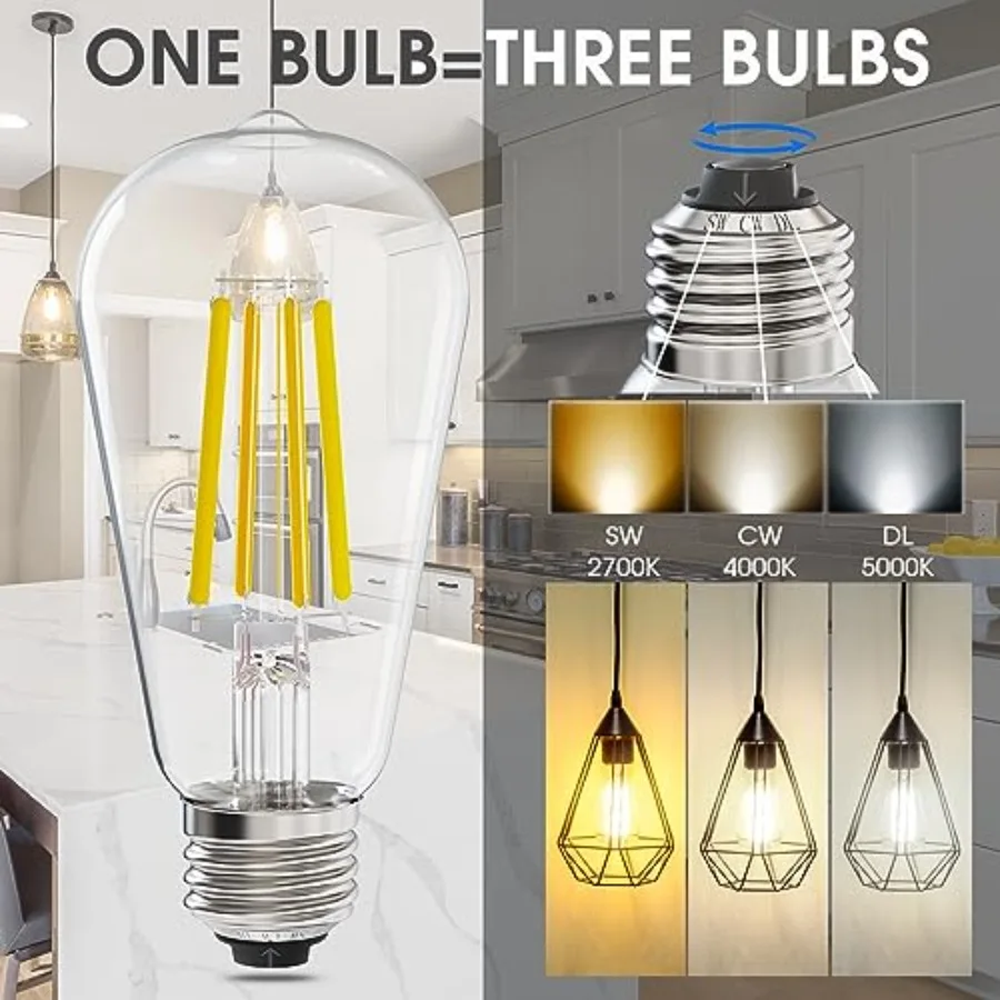 ST58/ST18, LED Filament Light Bulbs, 3CCT, 2700K/4000K/5000K, High Brightness, 7W, 60 W Equivalent, Classic Clear Glass, E26, 4 view 3