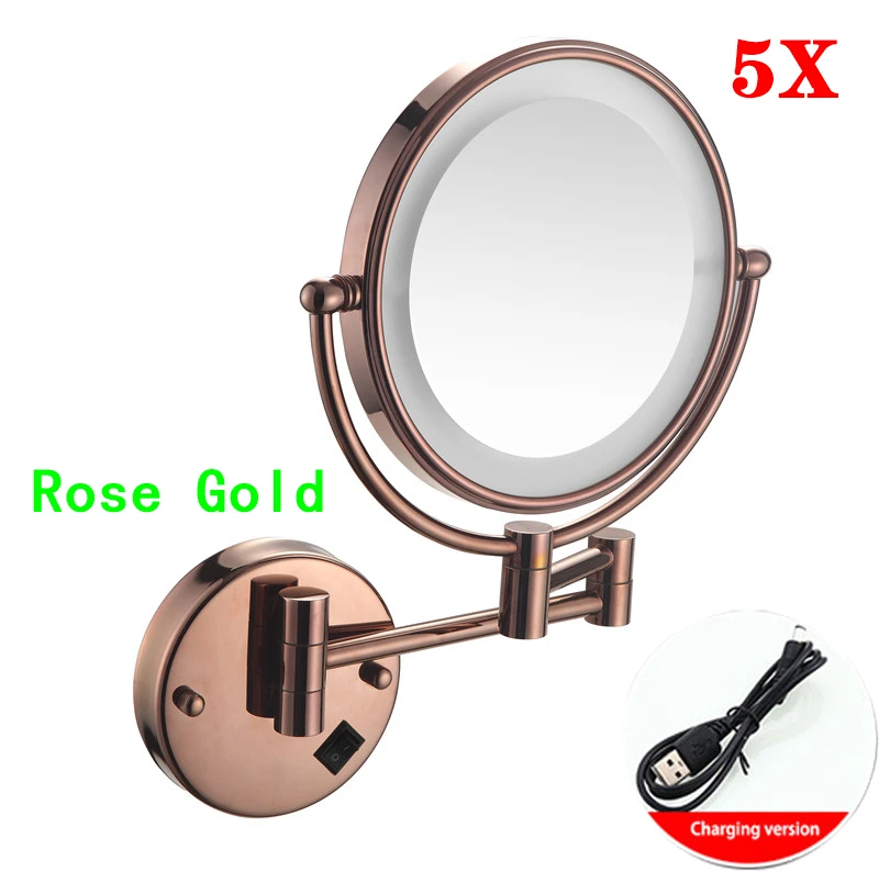 Rose Gold Led Opvouwbare Badkamerspiegel Wandmontage Verlichte Home Hotell Badkamer Make-upspiegel 5X Vergrotende Plug Badspiegels