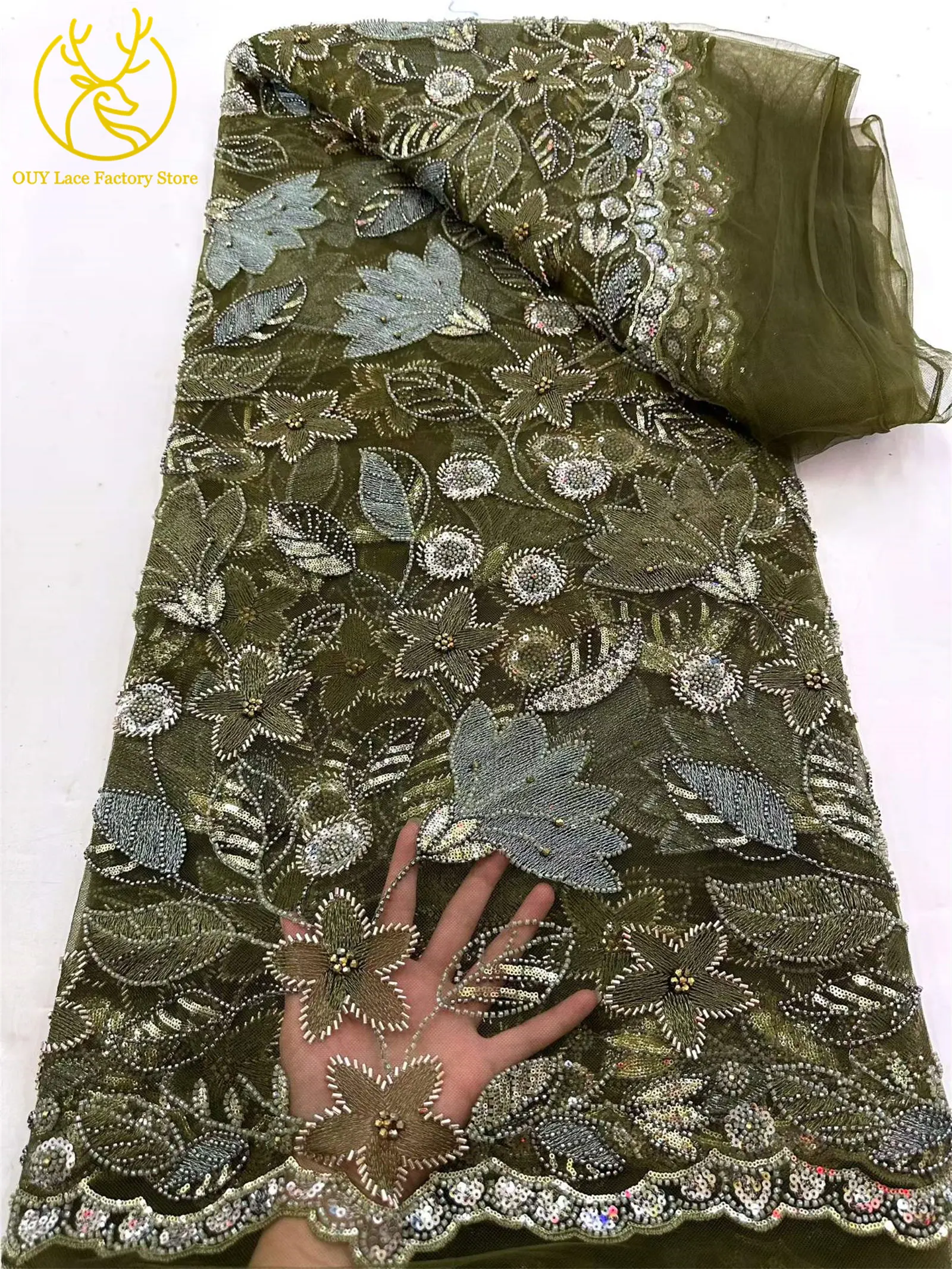 Neuer Stil: Brautkleid-Spitzenstoff mit Perlenstickerei 2026, Silberner Tüll mit Pailletten, Afrikanischer Netzstoff für Hochzeits- und Abendkleider zum Nähen – Detail 11